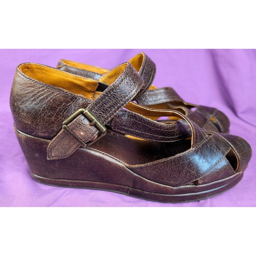 Re-mix Vintage Meadow Brown Croc Sz 9M Buckle Sandals Wedge Platform Leather - Picture 3 of 16